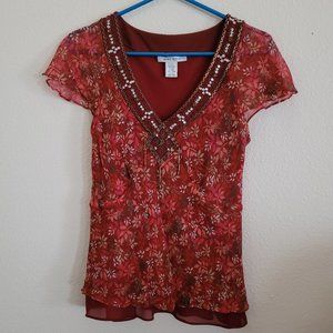 Nine West Beaded Silk and Crepe Top Size 10